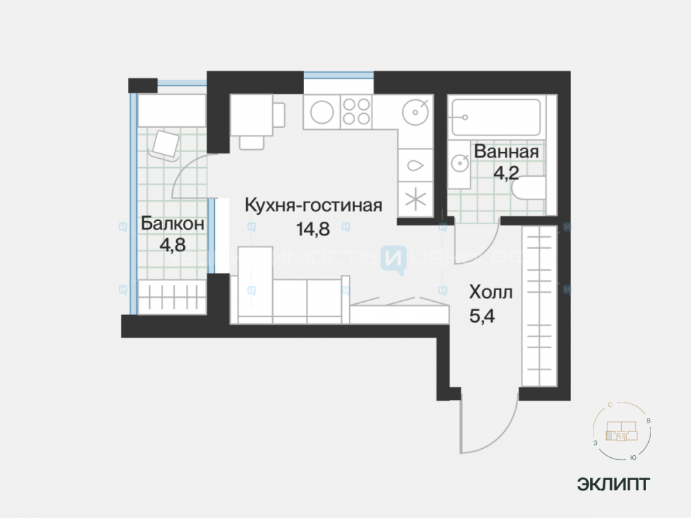 Студия, 26.8м2, 4/4, Эклипт, Тюмень