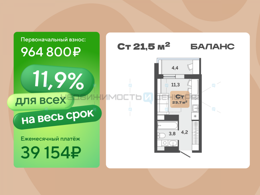 Студия, 21.5м2, 16/17, Баланс, Тюмень