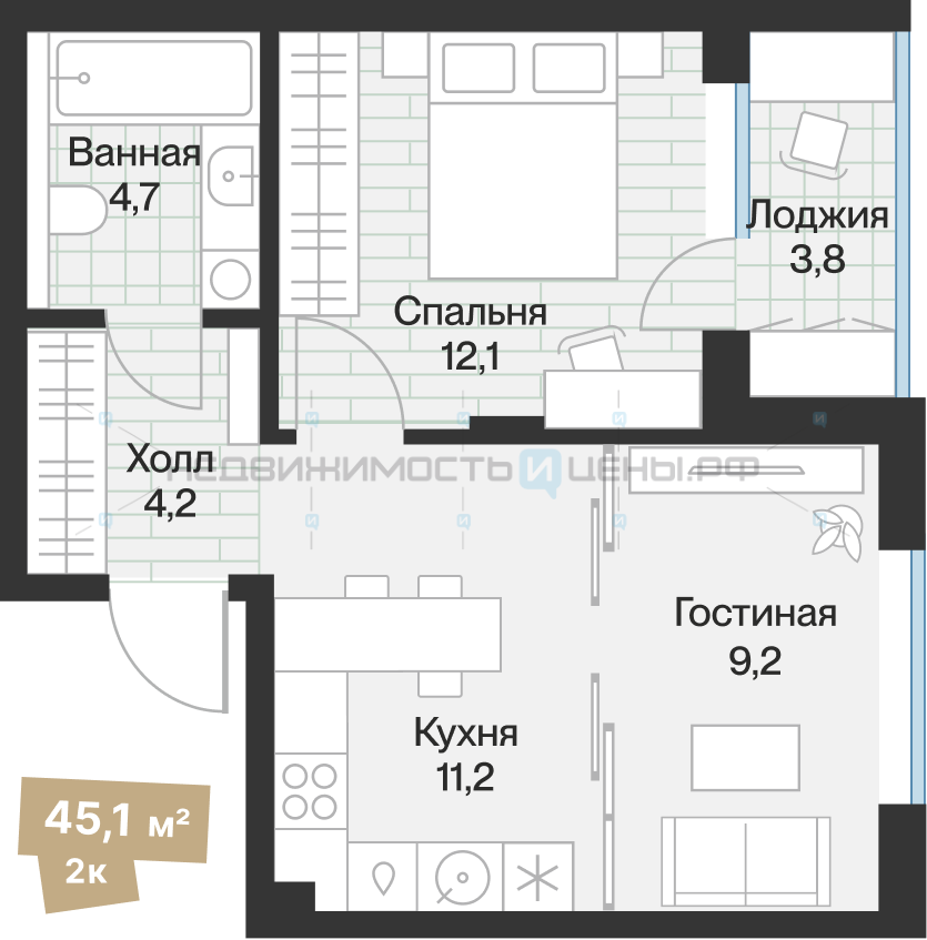1 комн., 43.19м2, 2/4, Эклипт, Тюмень