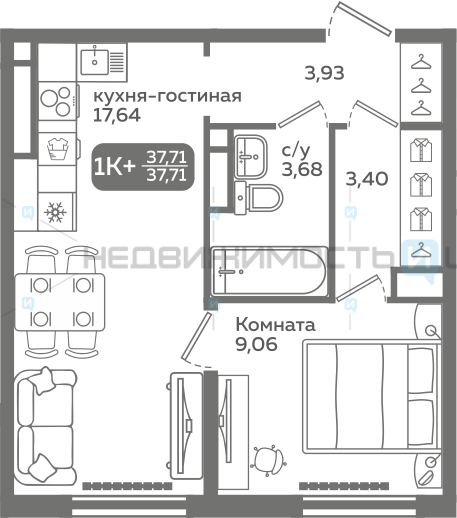 1 комн., 37.71м2, 4/21, Меридиан Слобода, Тюмень