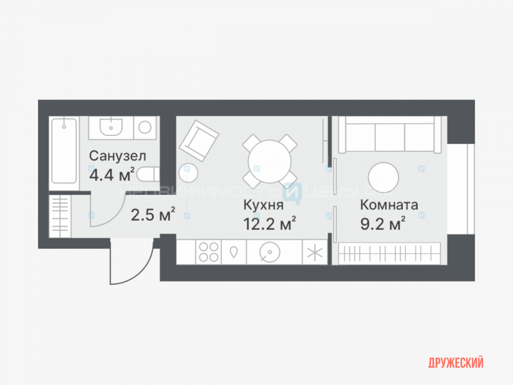 1 комн., 28.3м2, 10/14, Дружеский, Тюмень