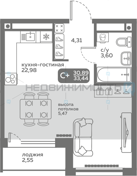 1 комн., 30.89м2, 20/20, Меридиан Слобода, Тюмень