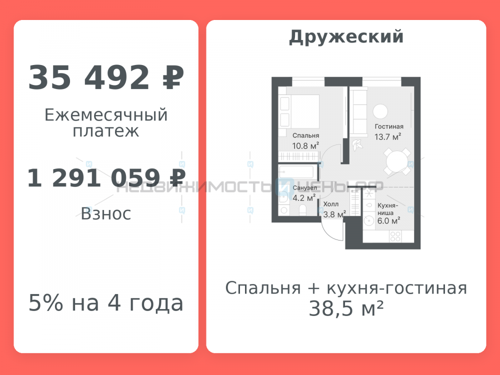 2 комн., 38.5м2, 13/14, Дружеский, Тюмень