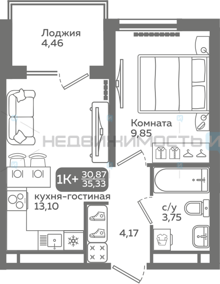 1 комн., 30.87м2, 7/21, Меридиан Слобода, Тюмень