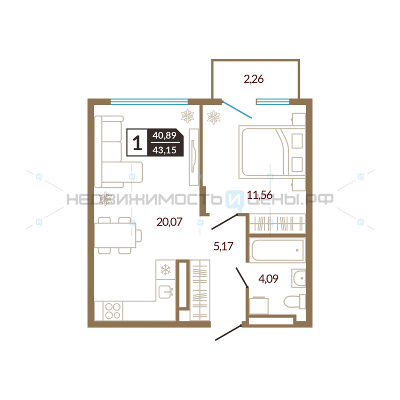 1 комн., 43.15м2, 4/4, Озерный, Тюмень