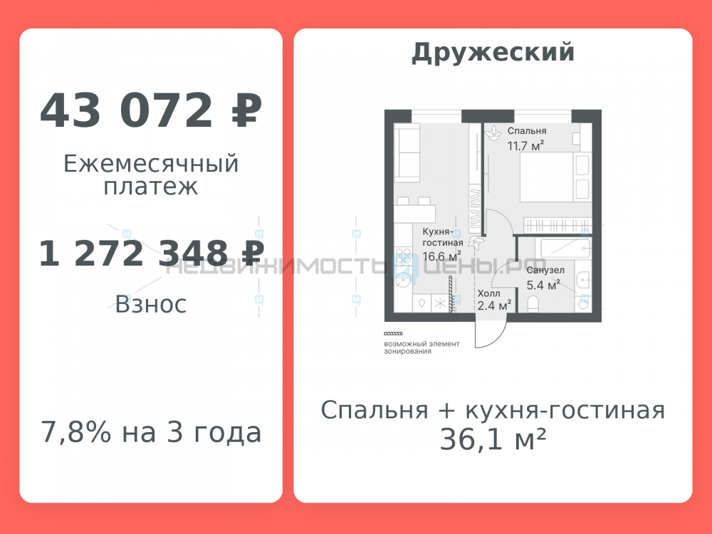 1 комн., 36.1м2, 1/14, Дружеский, Тюмень