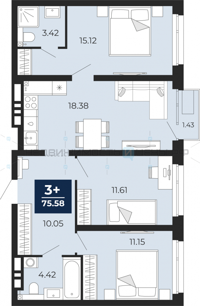 3 комн., 75.58м2, 14/14, Тюмень