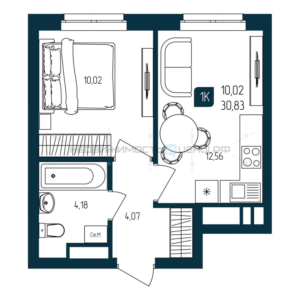 1 комн., 30.83м2, 4/25, Квартал Мятный, Тюмень
