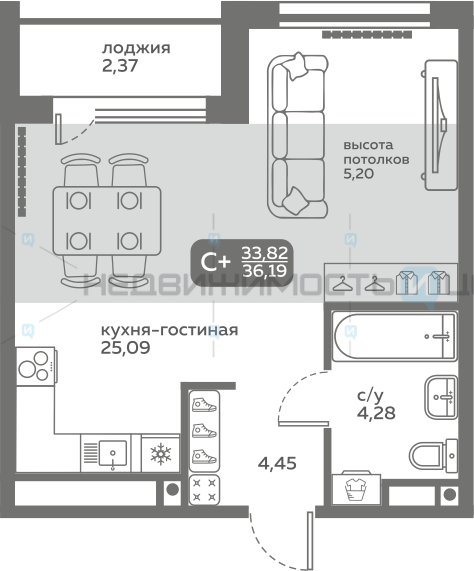1 комн., 33.82м2, 15/20, Меридиан Слобода, Тюмень