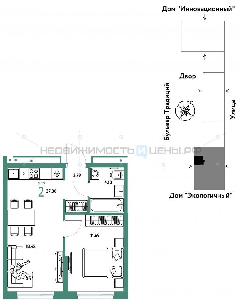 2 комн., 37м2, 12/15, Домашний, Тюмень