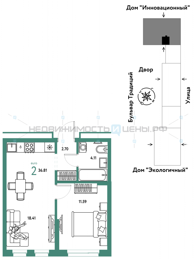 2 комн., 36.81м2, 15/15, Домашний, Тюмень