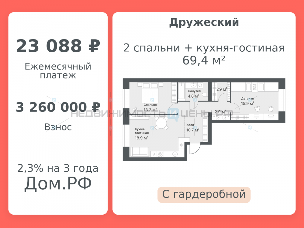 2 комн., 69.4м2, 10/14, Дружеский, Тюмень