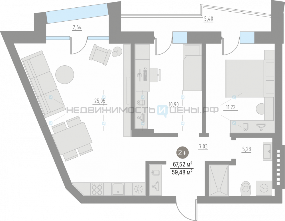 2 комн., 67.52м2, 4/4, Кипрея. Квартиры, Тюмень