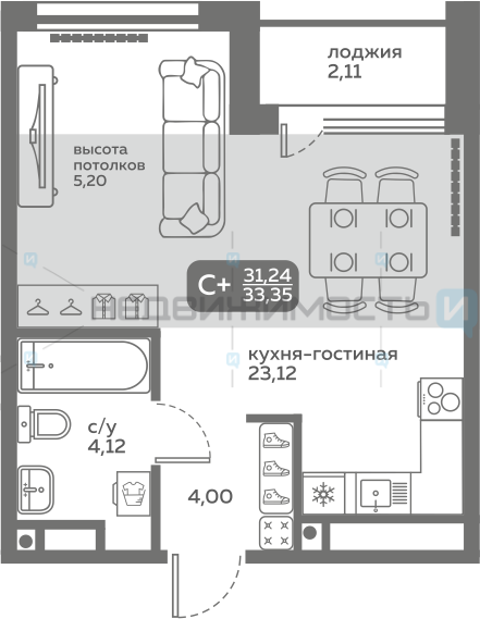 1 комн., 31.24м2, 15/20, Меридиан Слобода, Тюмень