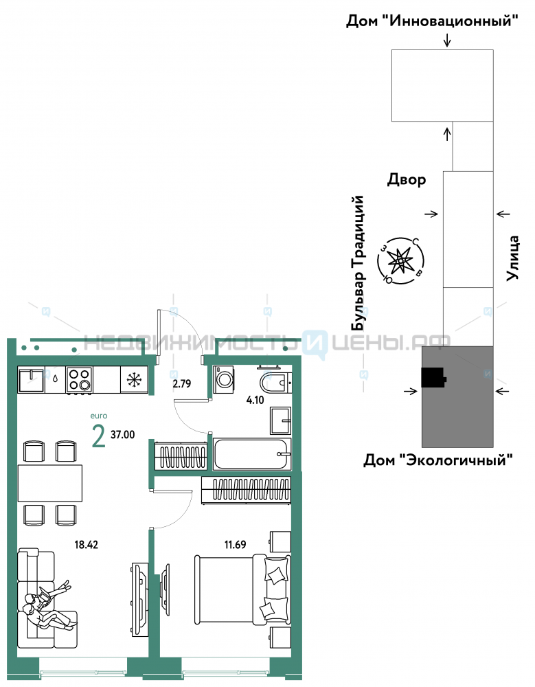 2 комн., 37м2, 9/15, Домашний, Тюмень
