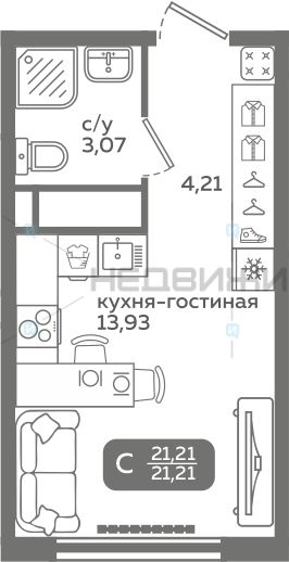 1 комн., 21.21м2, 19/21, Меридиан Слобода, Тюмень