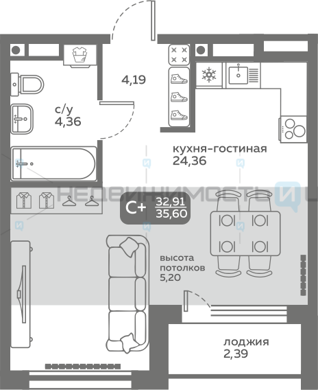 1 комн., 32.91м2, 15/20, Меридиан Слобода, Тюмень