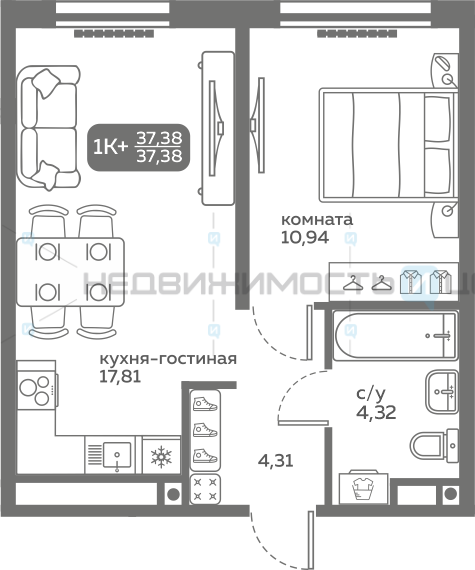 1 комн., 37.38м2, 13/20, Меридиан Слобода, Тюмень