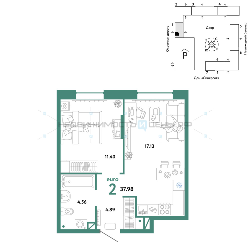 2 комн., 37.98м2, 3/16, Юнион, Тюмень