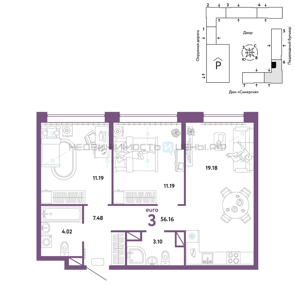 3 комн., 56.16м2, 10/16, Юнион, Тюмень