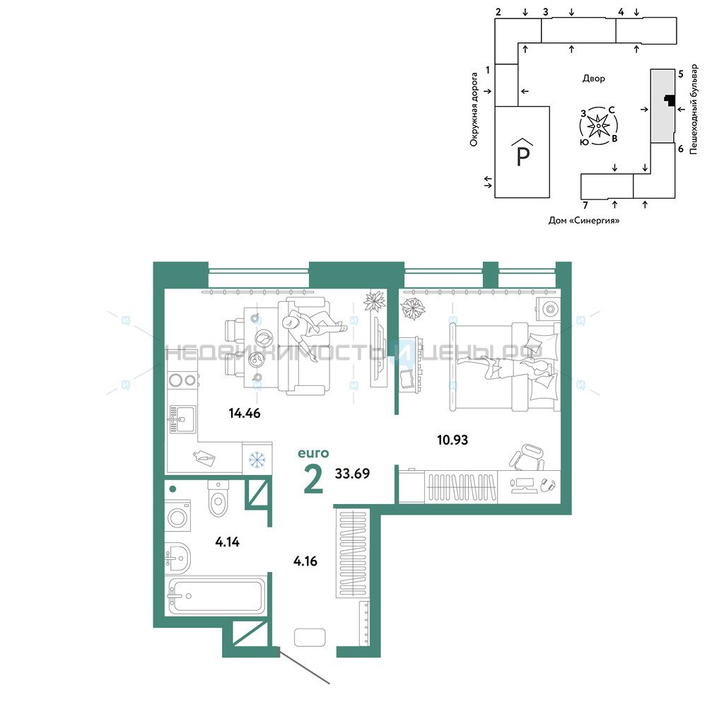 2 комн., 33.69м2, 6/16, Юнион, Тюмень
