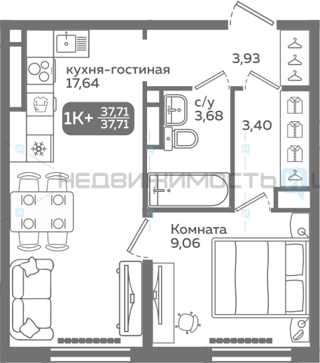 1 комн., 37.71м2, 9/21, Меридиан Слобода, Тюмень