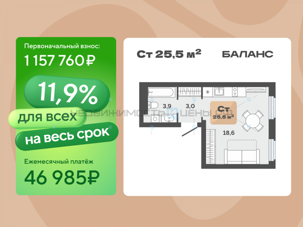 Студия, 25.5м2, 23/23, Баланс, Тюмень