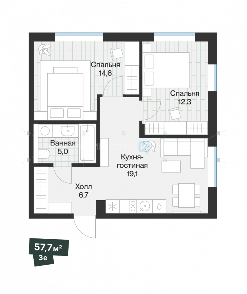 2 комн., 57.75м2, 1/4, Эклипт, Тюмень