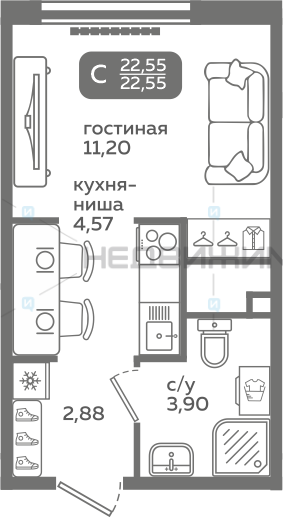 1 комн., 22.55м2, 8/21, Меридиан Слобода, Тюмень