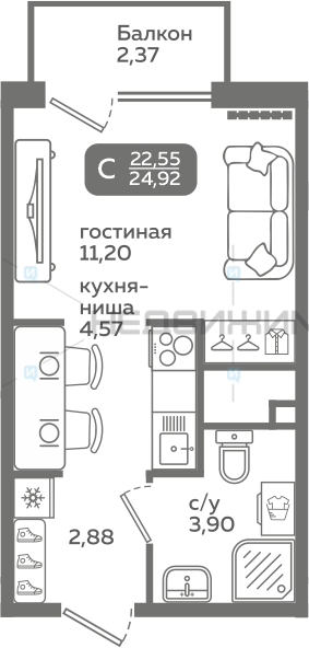 1 комн., 22.55м2, 9/21, Меридиан Слобода, Тюмень
