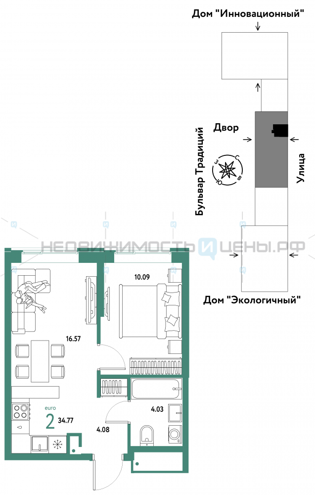 2 комн., 34.77м2, 5/15, Домашний, Тюмень