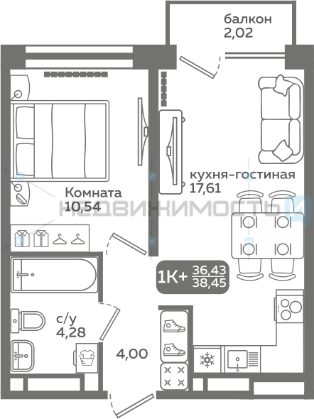 1 комн., 36.43м2, 3/21, Меридиан Слобода, Тюмень