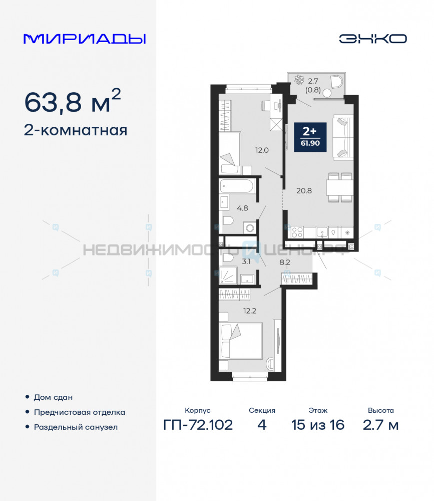 2 комн., 63.8м2, 15/16, Тюмень
