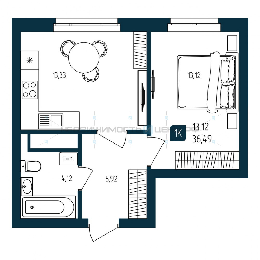 1 комн., 36.49м2, 12/25, Квартал Мятный, Тюмень