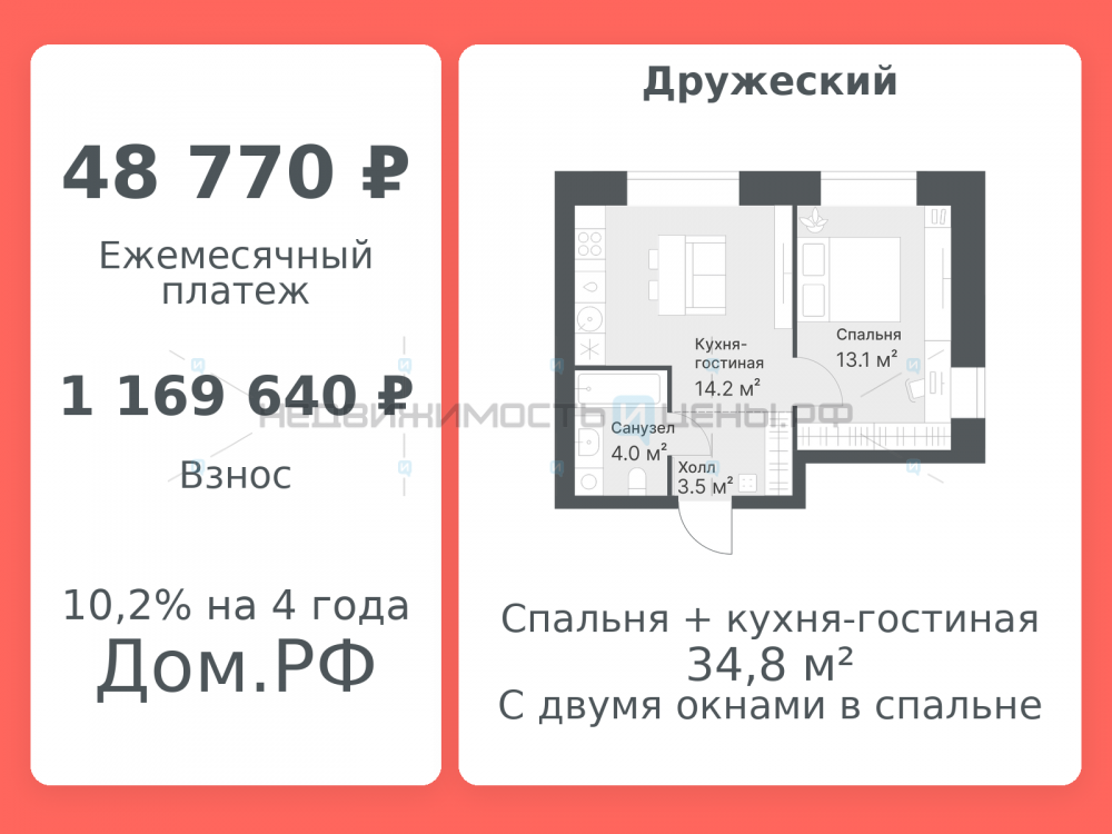 2 комн., 34.8м2, 2/8, Дружеский, Тюмень