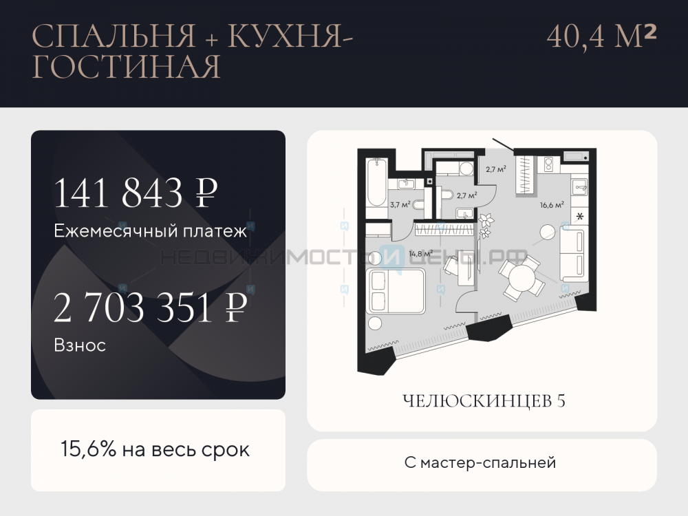 1 комн., 40.4м2, 3/9, Челюскинцев 5, Тюмень