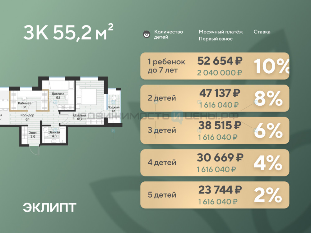 2 комн., 57.2м2, 4/4, Эклипт, Тюмень