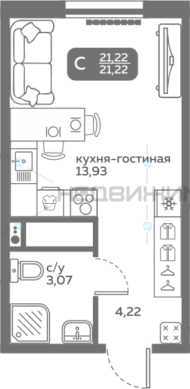 1 комн., 21.22м2, 10/20, Меридиан Слобода, Тюмень