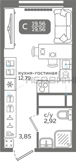 1 комн., 19.56м2, 15/21, Меридиан Слобода, Тюмень