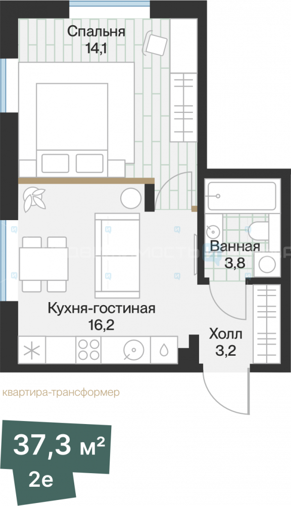 1 комн., 37.34м2, 4/4, Эклипт, Тюмень