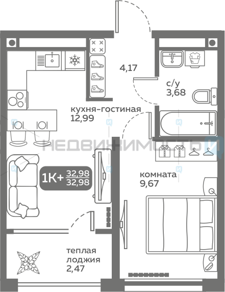 1 комн., 32.98м2, 17/20, Меридиан Слобода, Тюмень