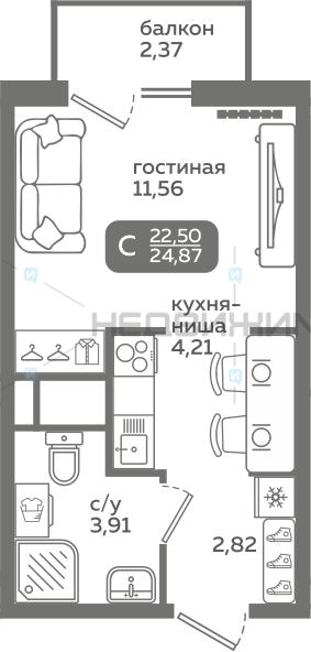 1 комн., 22.5м2, 3/21, Меридиан Слобода, Тюмень