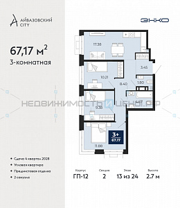 3 комн., 67.17м2, 13/24, Айвазовский City, Тюмень