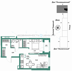 2 комн., 45.06м2, 15/15, Домашний, Тюмень