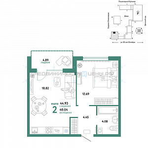 2 комн., 44.93м2, 16/25, Сердце Сибири, Тюмень