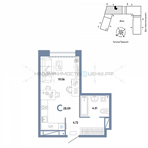 Студия, 28.09м2, 12/15, Домашний, Тюмень