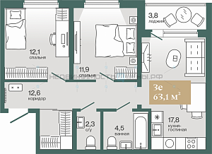 2 комн., 63.1м2, 4/4, Эклипт, Тюмень