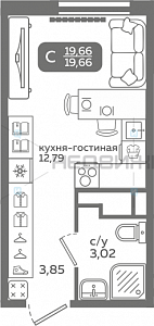 1 комн., 19.66м2, 12/21, Меридиан Слобода, Тюмень