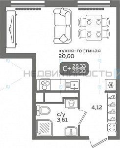 1 комн., 28.33м2, 9/21, Меридиан Слобода, Тюмень