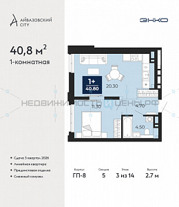 1 комн., 40.8м2, 3/24, Айвазовский City, Тюмень